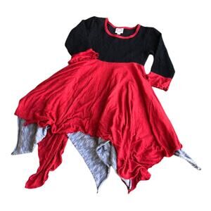 Lilli Lovebird Girls Dress Sz 8 Black Red Gold Gray Twirly Handkerchief Hem Knit